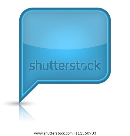 Blue glossy empty speech bubble web button icon. Rounded rectangle shape with black shadow and reflection on white background.