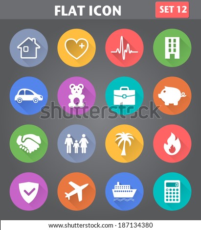 Vector application Insurance Icons set in flat style with long shadows.