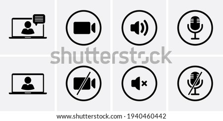 Conference Icons set. Video camera, speaker and mic for web design