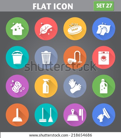 Vector application Cleaning Icons set in flat style with long shadows.