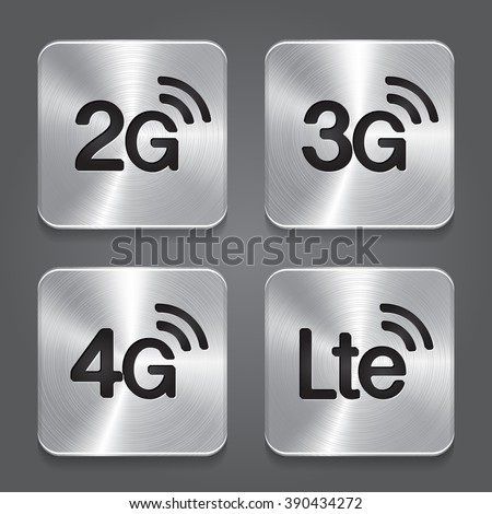 2G, 3G, 4G and LTE technology symbols. Metal button icon. 