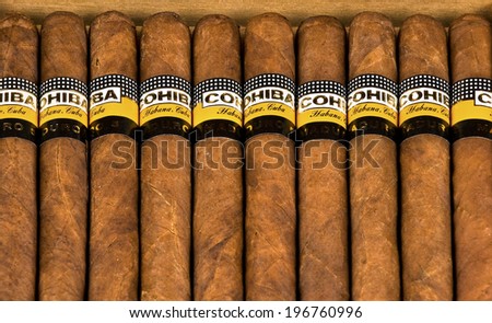 VARNA,BULGARIA-APRIL 26.2014: Photo of a box of cigars Cohiba, Habana Cuba Maduro 5.Cohiba is a brand for two kinds of premium cigar, one produced in Cuba for Habanos S.A.
