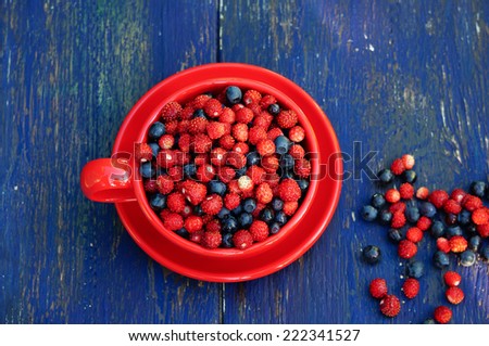 wild strawberry and blueberries in a red bowl
