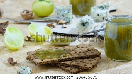 green tomatoes jam and Blue cheese on crisp breads