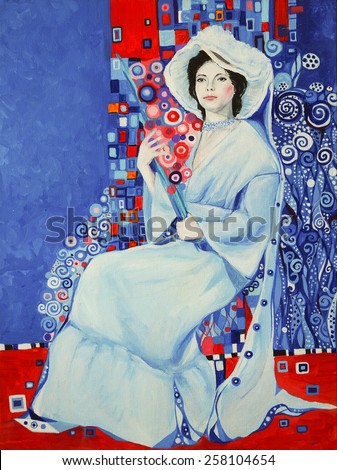 Portrait of woman in a white dress in the style of Gustav Klimt - an original modern painting, acrylic