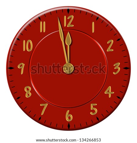 A modern wall clock design in red with gold numbers