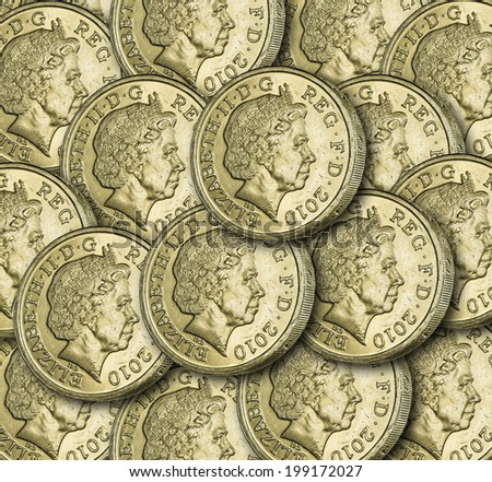 A collection of UK one pound coins for use as a background