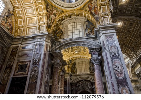 VATICAN - OCTOBER 14: Interior of the Saint Peter Cathedral in Vatican at October 14, 2011. Saint Peter\'s Basilica has the largest interior of any Christian church in the world.