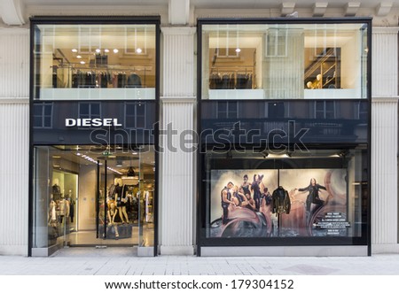 VIENNA, AUSTRIA - FEBRUARY 5, 2014: View at Diesel shop in Vienna. Diesel is an Italian design company founded at Molvena, Italy at 1978. At 2009 company have more than 2200 employees.