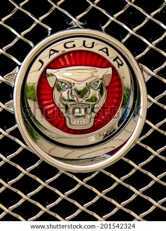 DENVER, USA - JUNE 5, 2014: Detail of the Jaguar car in Denver. Jaguar cars  is a brand of Jaguar Land Rover,[6] a British multinational car manufacturer founded at 1922.