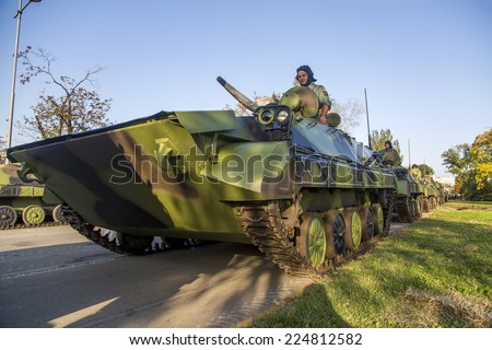 BELGRADE, SERBIA, OCTOBER 10, 2014: Unidentified soldiers in Infantry Fighting Vehicles of Serbian Armed Forces. Soldiers are preparing for marking the 70th anniversary of Belgrade liberation in WWII.