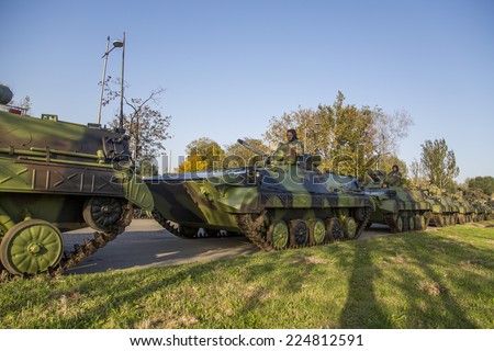 BELGRADE, SERBIA, OCTOBER 10, 2014: Unidentified soldiers in Infantry Fighting Vehicles of Serbian Armed Forces. Soldiers are preparing for marking the 70th anniversary of Belgrade liberation in WWII.