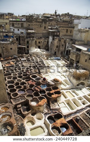 FES, MOROCCO - SEPTEMBER 15, 2014: Unidentified people working at tannery in Fes, Morocco. This is the oldest leather tannery in the world and has not changed since the 11th century.