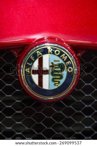 BELGRADE, SERBIA - MARCH 25, 2015: Detail of the alfa Romeo car in Belgrade, Serbia. Alfa Romeo Automobiles S.p.A. is an Italian luxury car manufacturer founded at 1910.