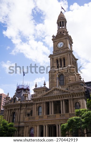 View at Sydney town hall in Australia. The Town Hall was built in the 1880s from local Sydney sandstone.
