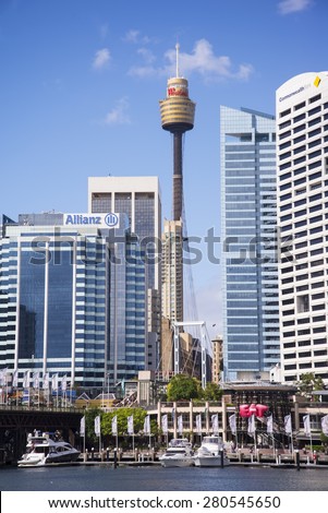 SYDNEY, AUSTRALIA - APRIL 9, 2015: Modern skyscrapers at Darling Harbour in Sydney, Australia. Darling Harbour is home to a number of major public facilities and attractions