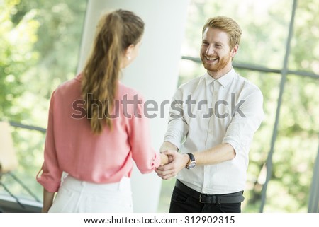 Young woman and man handshaking