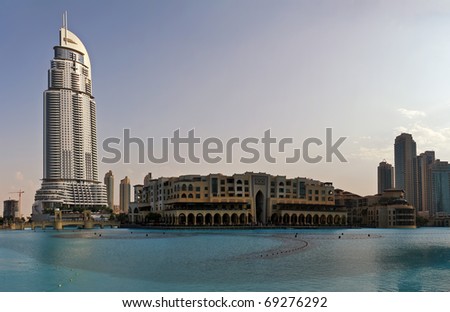 DUBAI, UAE - NOVEMBER 14: Panoramic view at Address Downtown Dubai Hotel at November 14, 2010. Hotel is 63 storeys high and featuring 196 lavish rooms and 626 serviced residences.