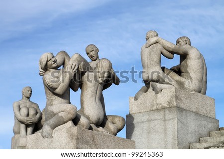 OSLO, NORWAY - MARCH 13: Statues in Vigeland park in Oslo, Norway on March 13, 2012.The park covers 80 acres and features 212 bronze and granite sculptures created by Gustav Vigeland.