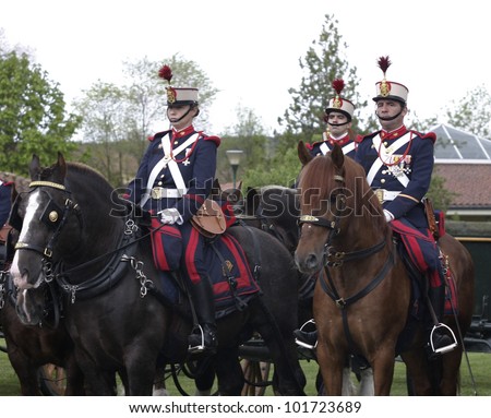 MADRID - MAY 5: Royal guards on horses.  Ceremony of the Oath of Allegiance of the Royal Guards at El Pardo Palace on May 4, 2012 in Madrid