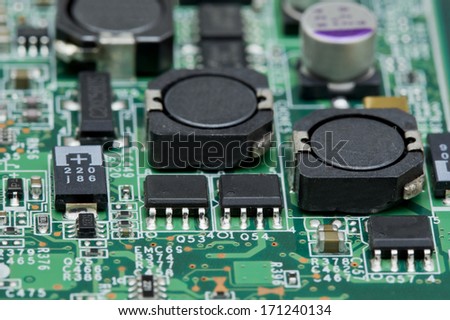 Electronic components of a motherboard up close
