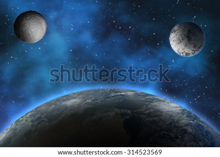 large planet with two moons in the cloudy night sky