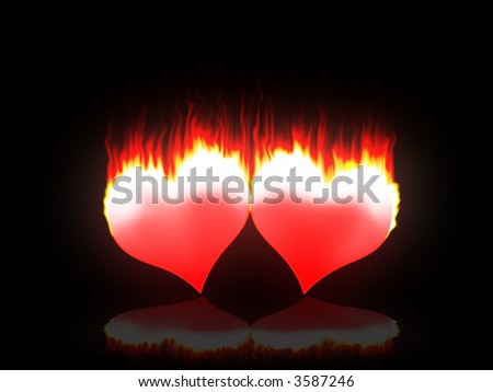 Two red hearts burning for love and passion