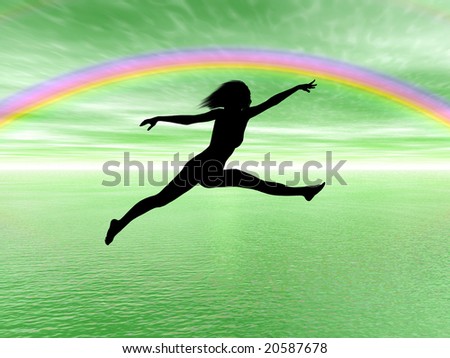 Black woman silhouette jumping in the rainbow landscape