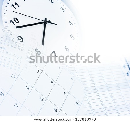 Clock face and calendars composite. Copy space