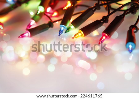 Closeup of Christmas lights glowing