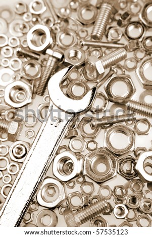 Wrench, nuts and bolts close-up