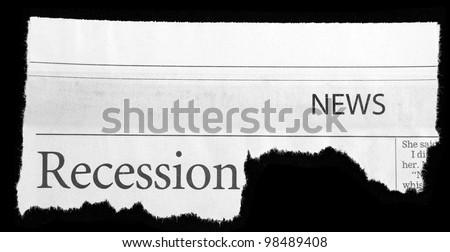 Words recession and news printed on newspaper clipping on black background