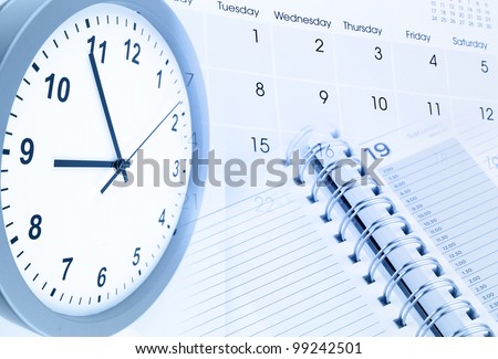 Clock face, calendar page and diary