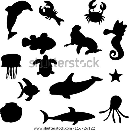 Sea Animals Silhouette Set Collection Stock Vector 116726122 : Shutterstock