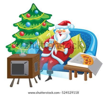 Santa Claus is sitting in front of TV and eating pizza. Santa is watching TV show on a couch near Christmas tree.