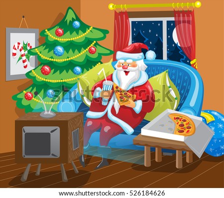 Santa Claus is sitting in front of TV and eating pizza. Santa is watching show in his home on a couch near Christmas tree.