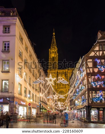 STRASBOURG, FRANCE - DECEMBER 15: View of Notre-Dame de Strasbourg with Christmas illumination on December 15, 2013 in Strasbourg, France. Strasbourg is called \