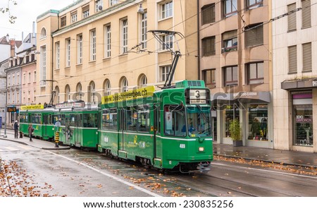 BASEL, SWITZERLAND - NOVEMBER 03: Be 4/4 SWP tram in the city center on November 03, 2013 in Basel, Switzerland. Basel tram network consists of 12 lines