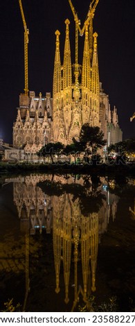 BARCELONA, SPAIN - NOVEMBER 09: Night view of Sagrada Familia church on November 09, 2013 in Barcelona. Construction of the temple had begun in 1882 and to be finished in 2026