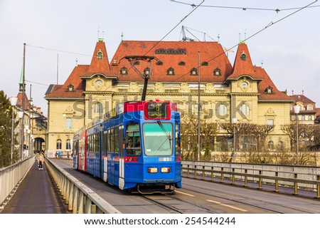 BERN, SWITZERLAND - FEBRUARY 15: Be 4/10 tram on Kirchenfeldbrucke in Bern on February 15, 2015. There are 9 trams of this class in Bern