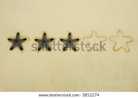 Five stars drawn in sand as a star rating with a starfish in the first three stars to indicate a three star rating