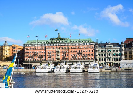 STOCKHOLM, SWEDEN - MARCH 9: Grand Hotel  on March 9, 2013 in Stockholm. Grand Hotel is a luxury hotel at Stockholm waterfront and the only Swedish hotel among The Leading Hotels of The World.