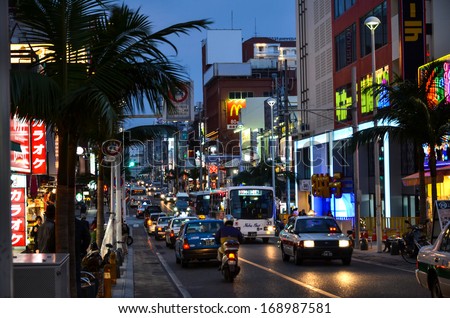 NAHA CITY, OKINAWA, JAPAN - NOVEMBER 25: Kokusai dori, the main street in Naha City, Okinawa, Japan at night. Photo is taken on November 25, 2013 in Naha City, Okinawa, Japan.