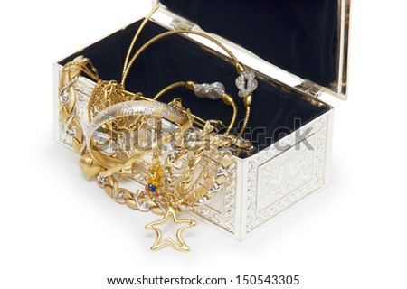 Jewel box with necklaces isolated on white background