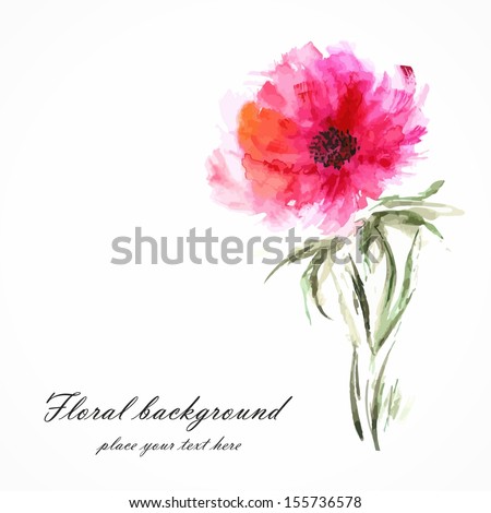 Red flower. Poppy. Watercolor floral decoration. Floral bouquet. Vector floral background. Birthday card.