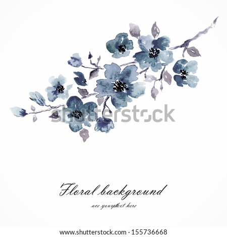 Cherry blossom. Sakura flowers. Floral background. Branch with blue flowers. Birthday card.