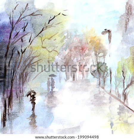 Watercolor landscape. Autumn rain street. Urban art landscape.