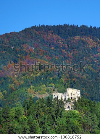 Likava Castle ruin surrounded by deep forests in autumn. This castle ruin is wide known because it is believed that it was used as prison for Juraj Janosik, famous Slovak outlaw (Slovak Robin Hood).