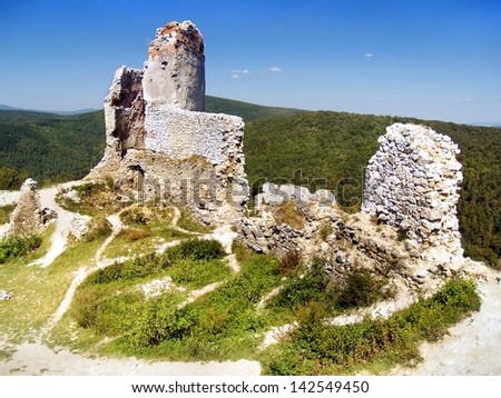 Interior view of ruined Castle of Cachtice situated in the mountains above the Cachtice village. Trencin region, Slovakia. The Castle of Cachtice was residence of the world famous Elizabeth Bathory.