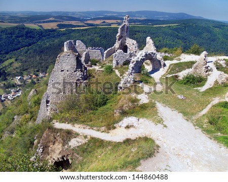 Panoramic summer view from ruined interior of The Castle of Cachtice. The Castle of Cachtice was residence and later the prison of the world famous Countess Elizabeth Bathory.